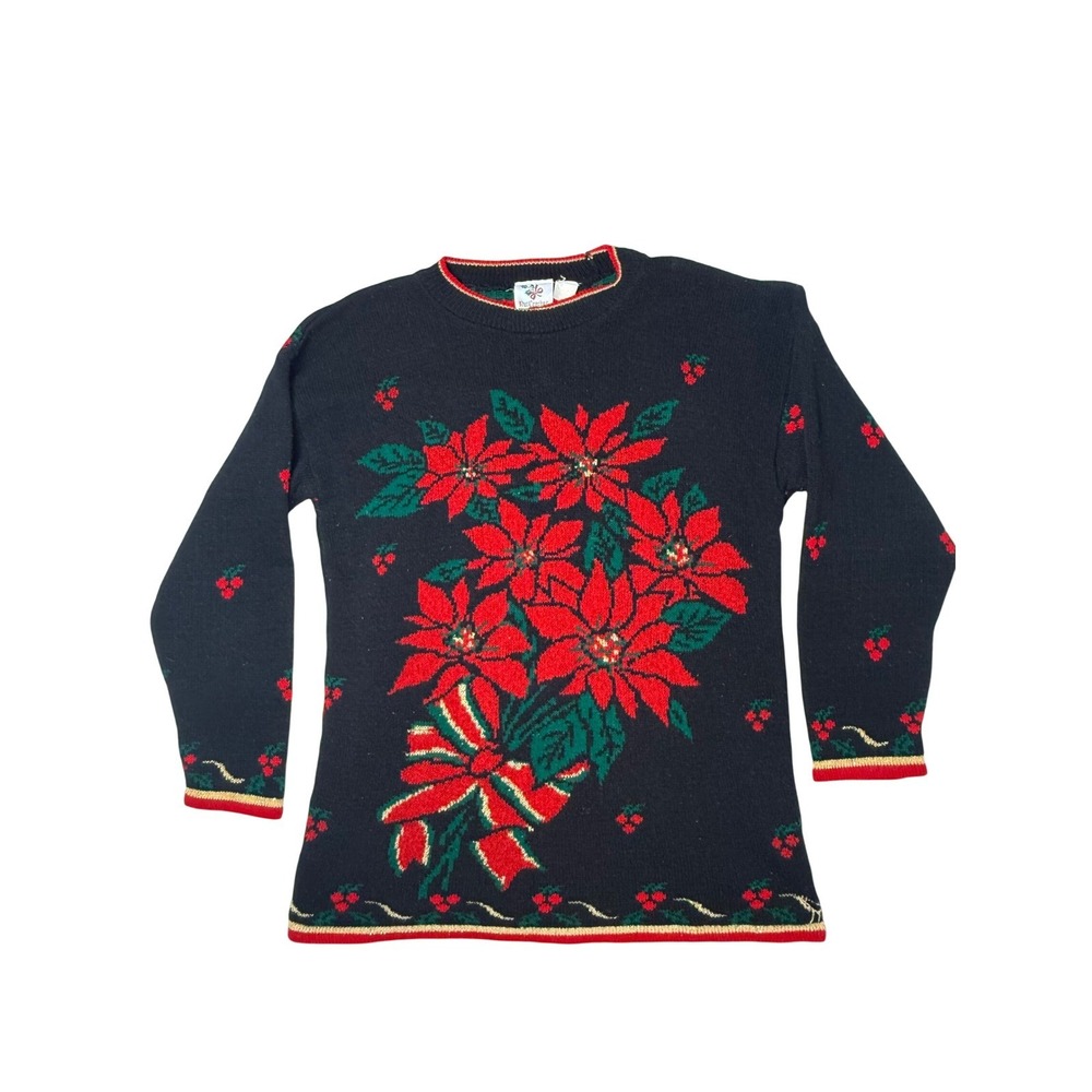NutCracker Vintage Christmas Poinsettia Sweater Navy Blue Red Gold Small USA